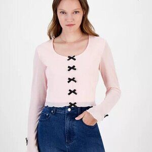 Bow Front Top Long Sleeve Mesh Girlie Glam Coquette Lolita Y2K NWT Pink XS